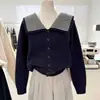 Cárdigan de punto a rayas con cuello navy, corte holgado casual, adelgazante, para Otoño-Invierno, para Mujer