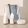 Botas de invierno y otoño transfronterizas de punta cuadrada con tacón alto hasta la mitad de la pantorrilla, con plataforma impermeable, tacón cuadrado, cremallera lateral, talla grande versátil, botas Martin para mujer con bloques de color