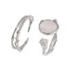 Anillo Elegante de Plata S925 Estilo Coreano con Piedra Preciosa para Mujer, Anillo Abierto Retro de Doble Capa con Flor, Tendencia Elegante de Anillo con Forma Especial para Dedo Índice