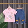 Atacado de Roupas Infantis Transfronteiriças, Novo Conjunto de Roupa de Verão para Meninas com Camiseta de Manga Curta Estampada de Unicórnio e Shorts de Sarja Macia em Estoque