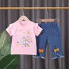 Traje de Verano para Niñas 2025 Nuevo Dibujos Animados de Niños Letra Manga Corta Arcoíris Pony Jeans Casuales Conjunto de Dos Piezas