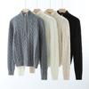 Tricô Cashmere Torção Gola Alta Feminino 2025 Outono e Inverno Novo Top Retrô Meio Zíper Decote V Tricô Tricô Texturizado