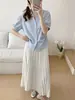 Camisa de Color Sólido con Pliegues en la Cintura y Mangas de Longitud Media con Cuello Turn-Down, Estilo Suave Estilo Coreano Huang Zheng para Mujer, Camisa de Verano de Gama Alta Adelgazante