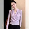 Decote em V cruzado, gola em camadas, blusa de tricô longa de beleza única, nova moda feminina tendência, blusa estilosa de manga bufante