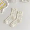 Meias brancas femininas de cano médio com renda de cano médio estilo JK com laço lotita meias fofas de menina japonesa