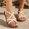 Sandalias planas elásticas populares de talla grande europeas y americanas, sandalias planas romanas de tejido cruzado para mujer, venta al por mayor