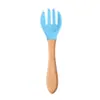 Diretamente do fabricante: Colheres e garfos macios de silicone de grau alimentício, utensílios de alimentação complementar para crianças, conjunto de treinamento de colher e garfo com cabo de madeira