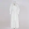 Elegante Vestido Largo con Escote en V, Mangas de Farol, Ceñido a la Cintura y Diseño Plisado, Nueva Colección Primavera 2025
