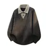 Suéter Polo Patchwork Falso Duas Peças Estilo Old Money Masculino Inverno Espessado Quente Malha Camisa Jaqueta de Casal