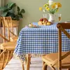 Toalha de mesa xadrez de algodão e linho com franjas retangular para mesa de jantar, tapete para mesa de centro estilo pastoral, pano decorativo para casa