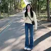 Jeans Flares Preto Slim Fit para Mulheres Outono e Inverno 2025 Novo Petite Espesso com Forro de Lã Calças Bootcut de Cintura Alta