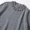 Para Exportación Europea y Americana Transfronteriza Ropa de Mujer Popular en Aliexpress Verano Simple Gris Bordado de Perlas Cuello Redondo Manga Corta Tejido
