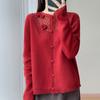 Cardigan de Tricô de Lã Pura de Outono e Inverno 2025 com Decote Redondo e Mangas Compridas para Mulher, Top Solto Versátil Bordado Vazado