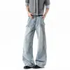 Calça jeans masculina estilo americano com estampa de bambu azul gelo, versão fina de verão, novo design 2026, calça casual larga lavada