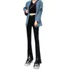 Jeans de mujer estilo coreano de cintura alta, elásticos, ajustados y adelgazantes, con abertura frontal y un ligero bootcut, de largo completo, para Primavera/Verano 2026