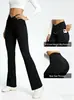 Pantalones de yoga de tiro alto microacampanados para mujer, sensación de segunda piel, adelgazantes, realzan los glúteos, adecuados para usar fuera, control de abdomen cruzado en la cintura, bolsillos laterales, pantalones largos para deportes y fitness