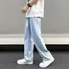 Jeans Azul Claro de Perna Reta Masculino Nova Chegada de Primavera Calças Largas Cintura de Corte Solto Casual Estilo Americano High Street Calças de Perna Larga