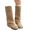 Botas de otoño nuevas de moda, versátiles botas vintage para mujer 2026 con diseño plisado de tacón de bloque y hebilla de cinturón