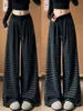 Pantalones anchos de rayas negras y grises estilo americano para mujer, nuevo modelo otoño 2026, pantalones rectos casuales de cintura alta adelgazantes