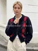Nuevo Cárdigan de Punto para Mujer Otoño Estilo Retro Francés con Patrón de Diamantes y Cuello Solapa, Abrigo Suéter de Cachemira Holgado con Jacquard de Color Contrastante