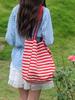 Bolsa de Lona Rayada de Doble Cara Estilo Coreano Ins Perezoso Bolso Tote de Hombro de Gran Capacidad Bolsa de Compras Casual para Estudiantes para Mujeres