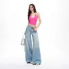 26 Anos de Novos Estilos Primavera e Verão, Jeans Rasgado de Comprimento Total em Sarja Lavada Retro Verde Claro de Cintura Média com Caimento Solto para Mulheres