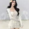 Conjunto de camisola de encaje suave y puro y minifalda estilo pastel para mujer, conjunto de dos piezas de cárdigan de manga larga adelgazante con protección solar para verano