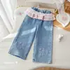 Jeans de Otoño para Niña Estilo Coreano Cuadros con Adorno de Encaje Pantalones Rectos Pantalones Casuales Bordados de Dibujos Animados de Otoño para Bebé