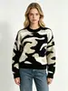 Fábrica de Origen Transfronteriza Otoño e Invierno Patrón de Vaca Bloques de Color Tejido Jacquard Suéter para Mujer Hombro Caído Cuello Redondo Top de Punto