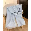 Calça Reta com Estampa de Laços Listrados Azuis 2026 Novo Verão Casual Versátil Calça Wide Leg para Mulheres Calça Longa de Cintura Alta