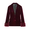 Suministro Exclusivo Transfronterizo de Ropa para Mujer Estilo Europeo y Americano, Conjunto de Blazer de Terciopelo con Puños Recortados de Piel y Pantalones de Pierna Ancha de Terciopelo