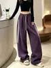 Calça de Moletom Roxa Listrada Americana Feminina 2026 Outono Cintura Alta Fluida Longa Solta Emagrecedora Casual Esportiva Perna Larga