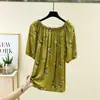 Blusa de Algodão e Seda de Manga Curta para Mulheres, Nova Estampa Floral, Camiseta Solta com Mangas Morcego Off-Shoulder, Tamanho Plus