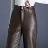 Pantalones Nuevos de Cuero PU para Mujer 2026, Otoño de Cintura Alta Negro Mate con Bolsillos, Modernos y Versátiles, Pantalones Rectos Adelgazantes