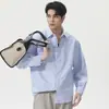 Camisa de Manga Larga para Hombre Holgada Casual Ropa de Otoño Algodón Puro Color Sólido Falso Dos Piezas Superior Estilo Ligero Maduro Camisa Chaqueta con Solapa