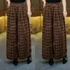 Calça Casual Feminina Wide-Leg Tendência 2025 Nova Xadrez Casual Lã Grossa Cintura Alta Versátil Emagrecimento Elegante Versátil