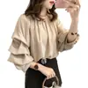 2026 Nueva Blusa Elegante de Estilo Coreano Hombros Descubiertos para Mujer, Top Holgado con Mangas Abullonadas, Camisa Básica Adelgazante de Color Sólido