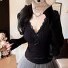 5160 # Nuevo Estilo Otoño Temprano Cuello en V Profundo Moño de Encaje Manga Larga Ajustado para Mujer Correa Fija Almohadilla en el Pecho Top Versátil