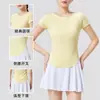 Camiseta de Yoga de Color Sólido con Cuello Redondo Ajustada de Manga Corta para Mujer Estilo Europeo y Americano Deportes Running al Aire Libre Tops de Fitness de Alta Elasticidad Venta al por Mayor