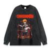 Camiseta Americana Pesada Lavada Oscura Anime Japonés Marca de Moda Estampada Retro High Street Oversize Suelta