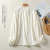 Foto Real de 2025 Nueva Camisa de Algodón de Cuello de Hongo Dulce de Otoño para Mujer, Camisa Literaria Jacquard de Manga Larga, Top de Color Puro