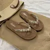 Brillantes y deslumbrantes~Chanclas estilo Ins súper bonitas con pedrería y perlas para que las mujeres las usen al aire libre en verano, perfectas para vacaciones en la playa, con suelas suaves