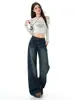 Jeans retro americanos azules de pierna ancha, jeans rectos de otoño de cintura alta holgados adelgazantes para personas petite A13863