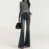 Jeans Flare Azul Retro Americano de Design Elegante para Mulheres, Calças Skinny Flare de Cintura Alta Slim-Fit Comprimento Total para Outono e Inverno