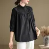 Camisa de Moda Artística para Mulheres, Gola Alta Estilo Coreano, Mangas 3/4 Sino, Top Bordado Floral, Camisa Curta Solta 2026