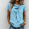 2025 Nueva Ropa de Mujer Europea y Americana de Comercio Exterior Transfronterizo Bestseller de Amazon Camiseta Casual de Manga Corta con Cuello en V y Lazo Top para Mujer