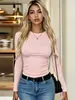 Temu súper ventas playera lisa de canalé manga larga talla extra mujer nuevo top moda cuello redondo casual corte ajustado