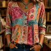 Camisa Pulôver Feminina Solta com Decote V, Três Botões e Manga Três Quartos, Estampa 3D, Estilo Casual, Camisa Feminina para o Verão 2026