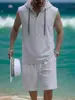 Amazon Verano Europeo y Americano Lino Casual Traje para Hombre Holgado con Capucha Henley Camisa Chaleco Pantalones Cortos Conjunto