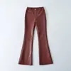 301-26 Primavera Estilo Coreano Slim Fit Cintura Alta Liso Levemente Flare Biker Stretch Casual Calça de Couro